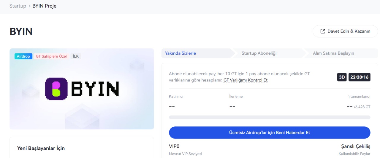 byin coin airdrop startup gateio listeleme