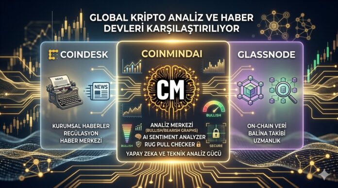 En İyi Kripto Haber ve Analiz Siteleri Karşılaştırma Grafiği: CoinDesk, CoinMindAI, Glassnode (Kıyaslamalı)
